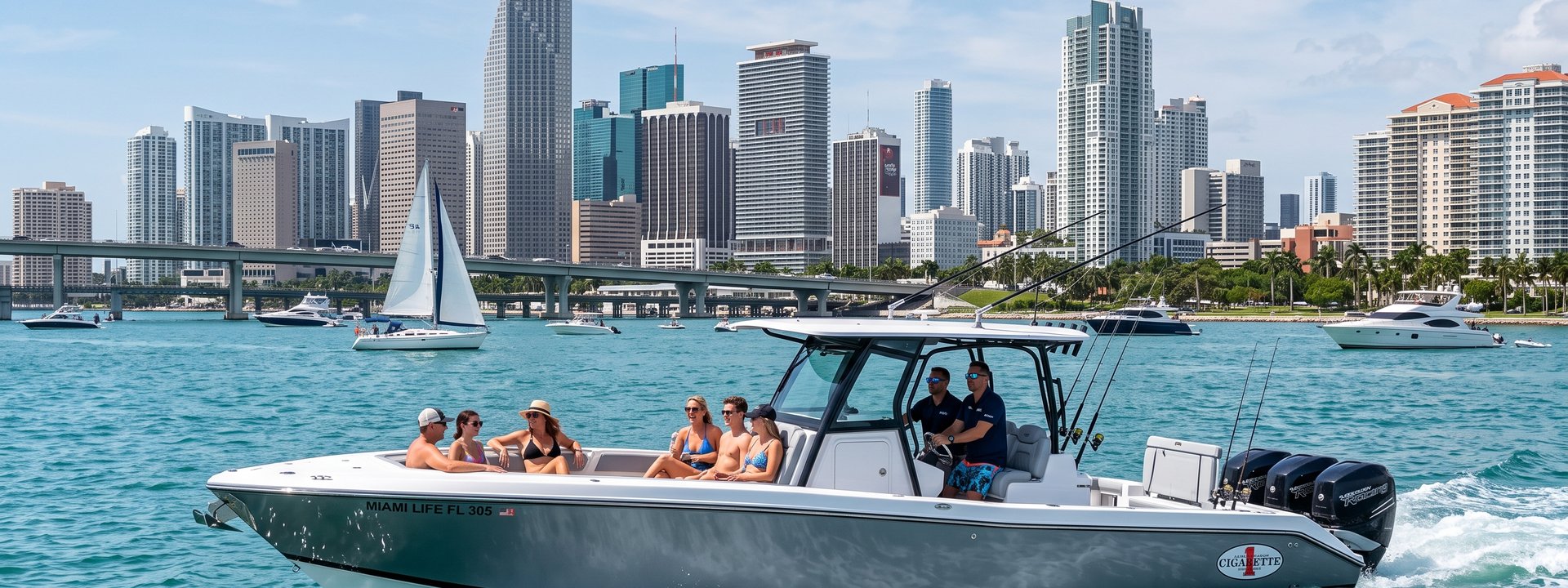 Florida marine insurance, center console boat on Miami turquoise waters